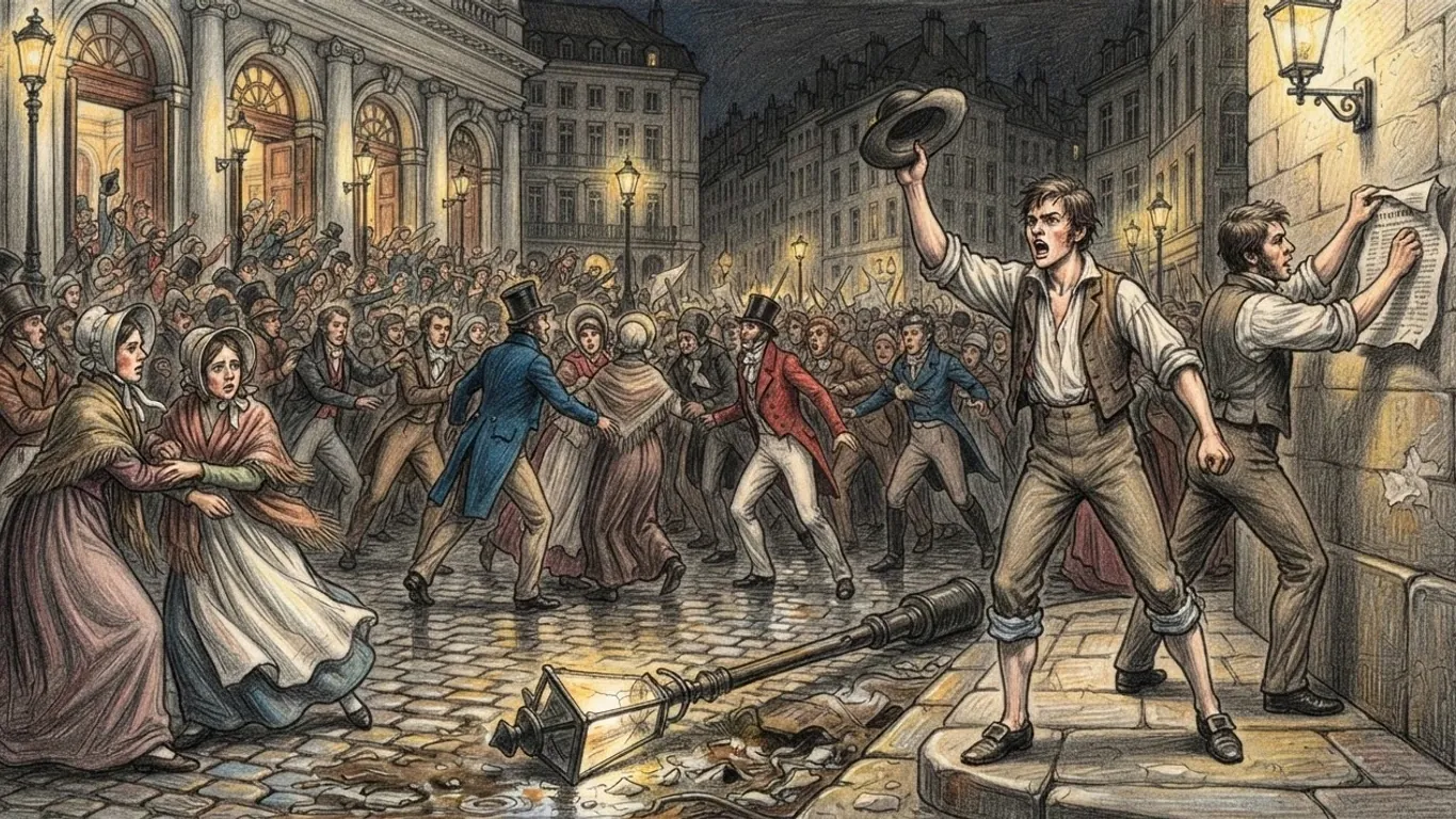 A coloured pencil drawing of Brussels on the evening of 25 August 1830: a crowd pours out of a theatre into a lamplit street, a young man on a step waving his hat as another tears a notice off the wall.