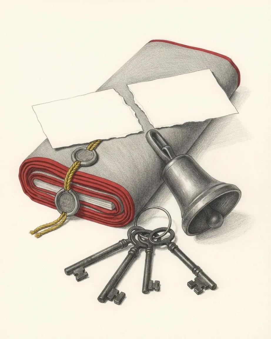 A graphite still life: a document torn in two across a roll of red-bound papers tied with cord, a hand bell and a ring of old keys.