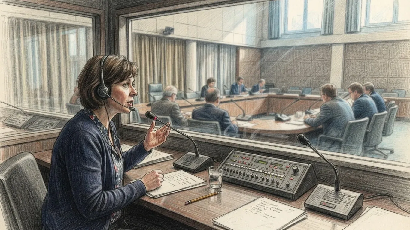 A coloured pencil drawing of an interpreter speaking into a microphone in a booth, a committee meeting at a table beyond the glass.