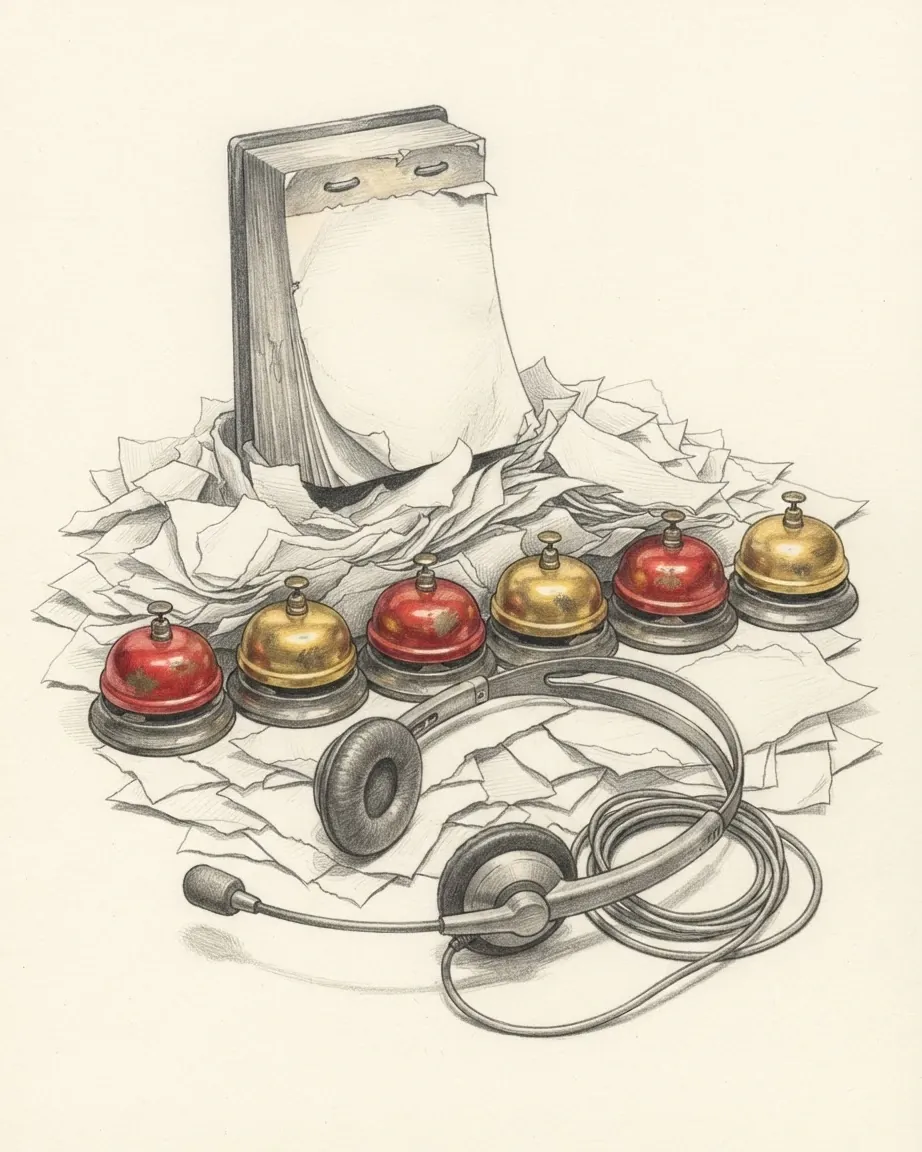 A graphite still life: a spilled pile of papers, a row of red and gold call bells and a pair of interpreter's headphones.