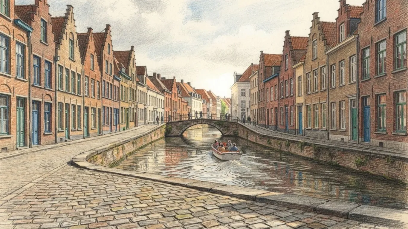 A coloured pencil drawing of a canal between rows of brick houses with stepped gables, a small boat passing under a stone bridge.