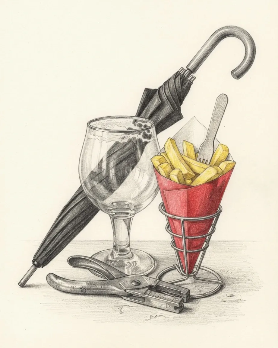A graphite still life: a folded black umbrella, a stemmed beer glass and a paper cone of fries in a red holder with a small fork.