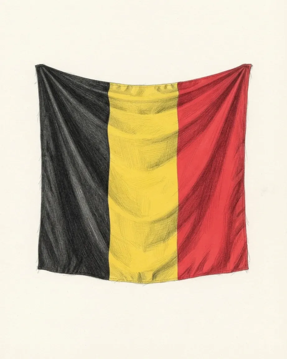 The flag of Belgium drawn as a hanging cloth in graphite and coloured pencil, its black, yellow and red vertical bands falling in folds.
