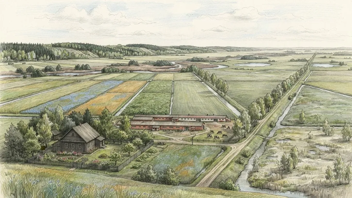 A Belarusian plain in coloured pencil over graphite, seen from a grassy slope. In front a dark log farmhouse stands behind a fenced garden of flowers and fruit trees, and beside it a row of long, low red-brick livestock sheds with cattle in the yard. Straight drainage ditches cut the flat ground into large rectangular fields, one of them blue with flowering flax, and a birch-lined road on a low embankment runs away to the right past open marsh with scattered birches. Beyond, a slow river winds between reed beds and small lakes to a low wooded ridge under a wide sky.