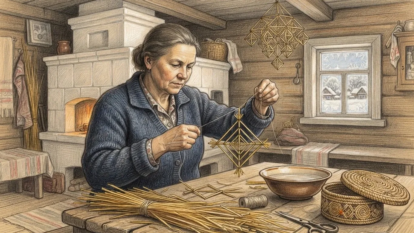 A woman in a blue knitted cardigan binds lengths of golden straw into the diamond of a pawuk at a wooden table, drawn in coloured pencil over graphite. She holds the half-finished piece up in one hand and pulls the thread tight with the other, with a bundle of straw, a spool of thread, scissors, a bowl of water and a coiled straw box with its lid off in front of her. Behind her stand a whitewashed tiled stove with a fire glowing in its mouth and a small window with frost on the panes and snowy houses outside, and a finished pawuk hangs from the ceiling beam.