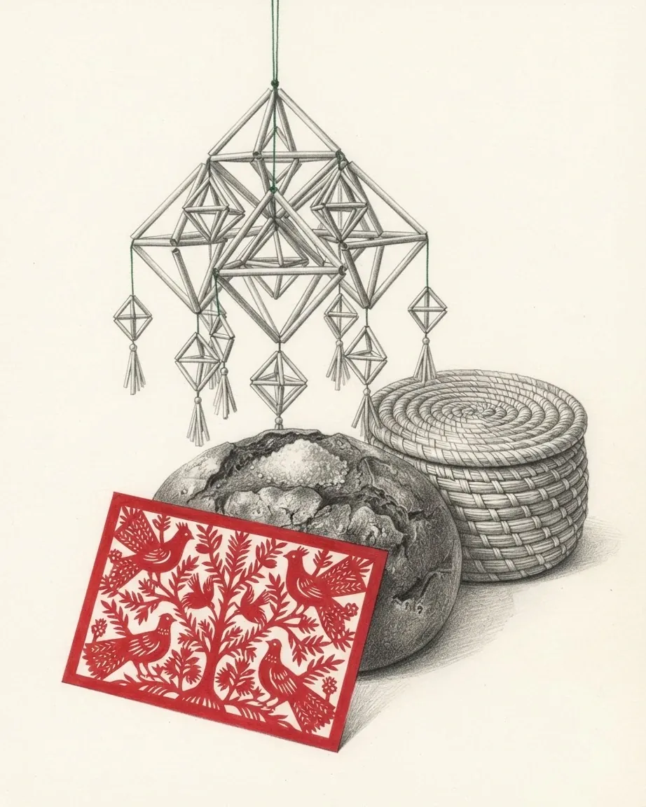 A pawuk of straw tubes joined into diamonds hanging on a thread with smaller diamonds and tassels below it, a round loaf of dark rye bread with a cracked crust, a lidded container coiled from straw and a vytsinanka papercut of birds and a branching tree leaning against the loaf, drawn in graphite with only the papercut in red.
