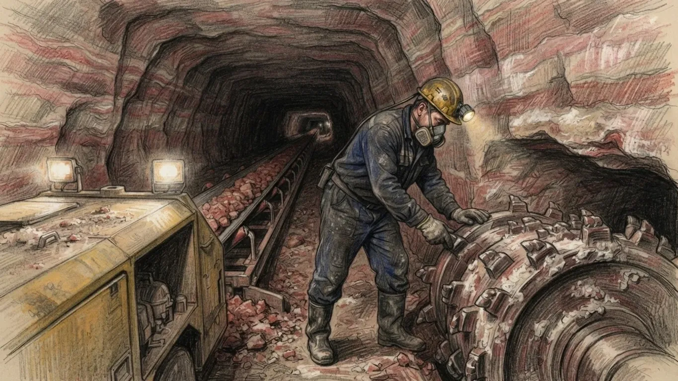 A miner deep underground checks the steel picks of a cutting drum with a gloved hand, drawn in coloured pencil over graphite. He wears dusty overalls, a helmet with a lamp and a respirator, and the drum fills the lower right corner while the yellow flank of the machine, its floodlamps lit, fills the left. The tunnel walls show banded layers of reddish and pale salt rock, and a conveyor loaded with broken ore runs away down the drift into the dark.