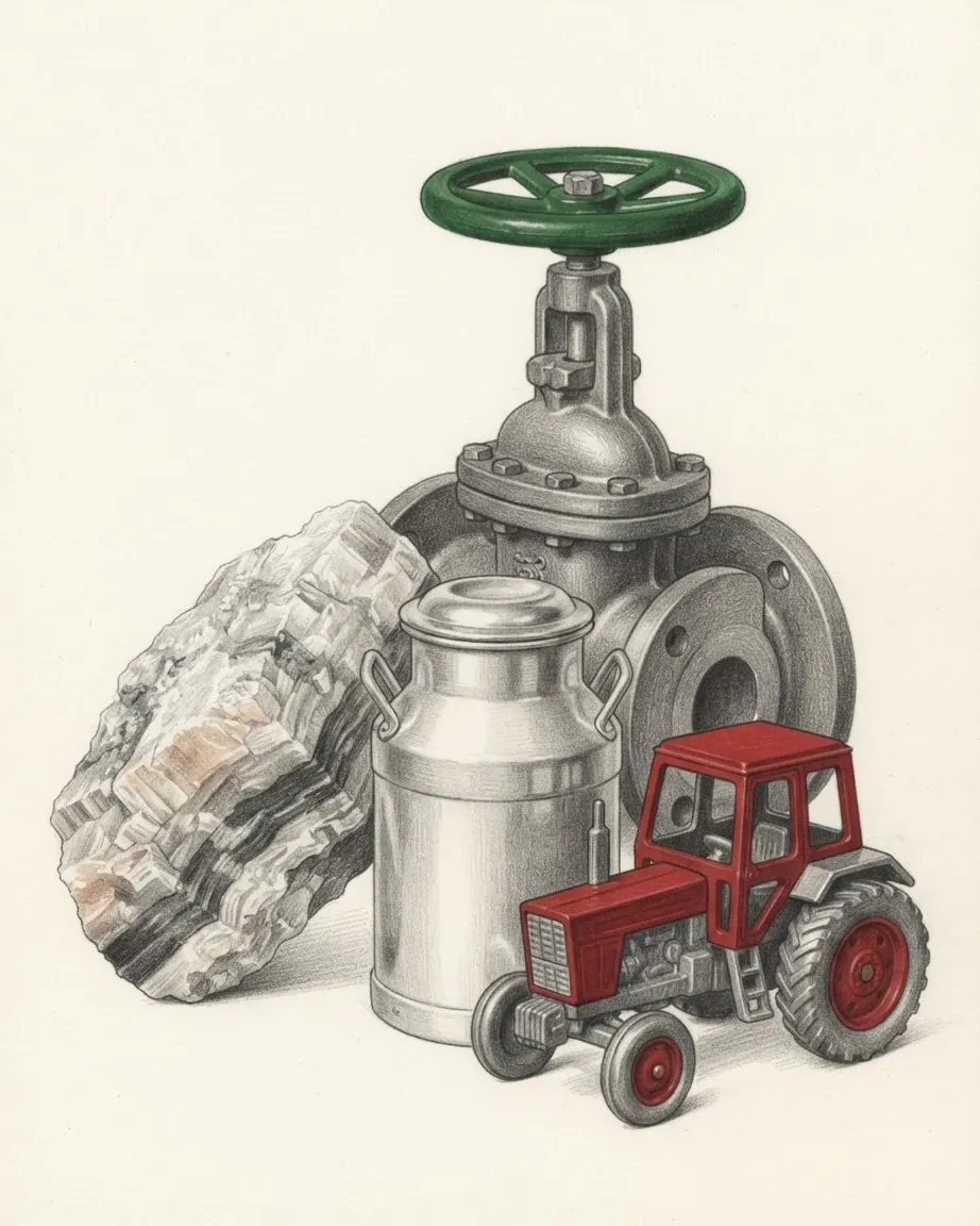 A flanged cast-iron gate valve with a spoked handwheel, a rough banded lump of potash ore leaning against it, an aluminium milk churn in front and a small model tractor with a square cab, drawn in graphite with the handwheel in green, the tractor in red and faint pink in the ore.
