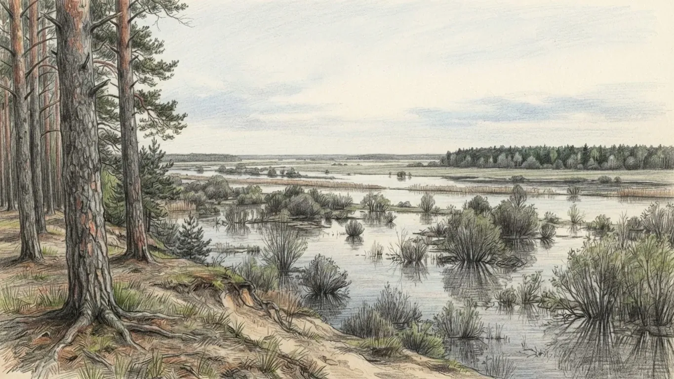 A river floodplain in spring flood seen from a low sandy rise among pines, drawn in coloured pencil over graphite. Tall pine trunks with reddish bark and exposed roots fill the left foreground, and flat meltwater spreads out between clumps of willow and alder standing in the water. A line of reeds marks the drowned bank, and beyond it more open water and bog run to a dark belt of forest on a level horizon under a wide pale sky. Nothing built appears anywhere in the picture.