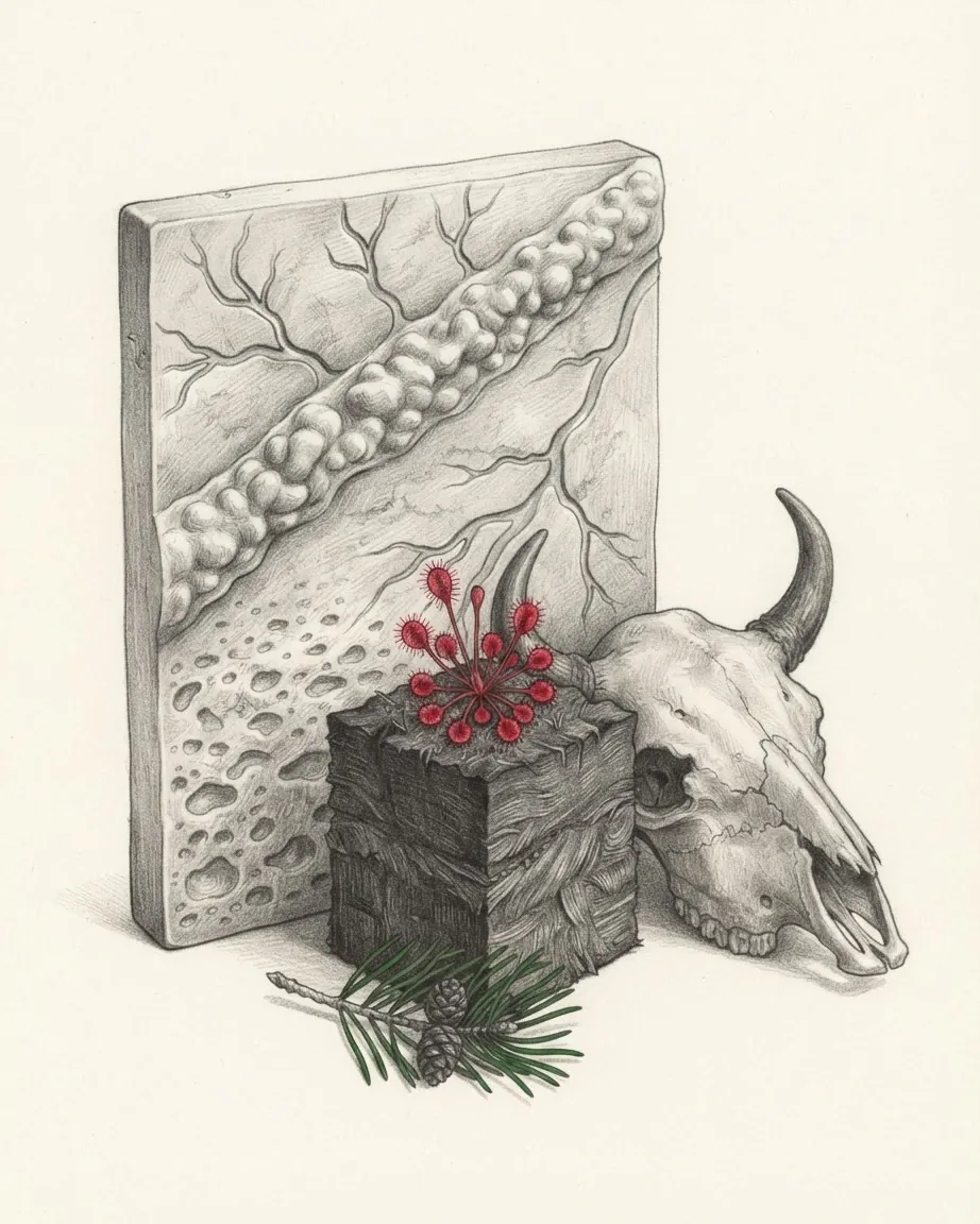 A cast relief slab with a diagonal ridge of rounded hummocks, branching river channels and a lower band pitted with small hollows, drawn in graphite with a block of dark cut peat leaning against it, a horned bison skull beside it and a sprig of Scots pine with two small cones at its foot, only the sundew on top of the peat in red and the pine needles in green.