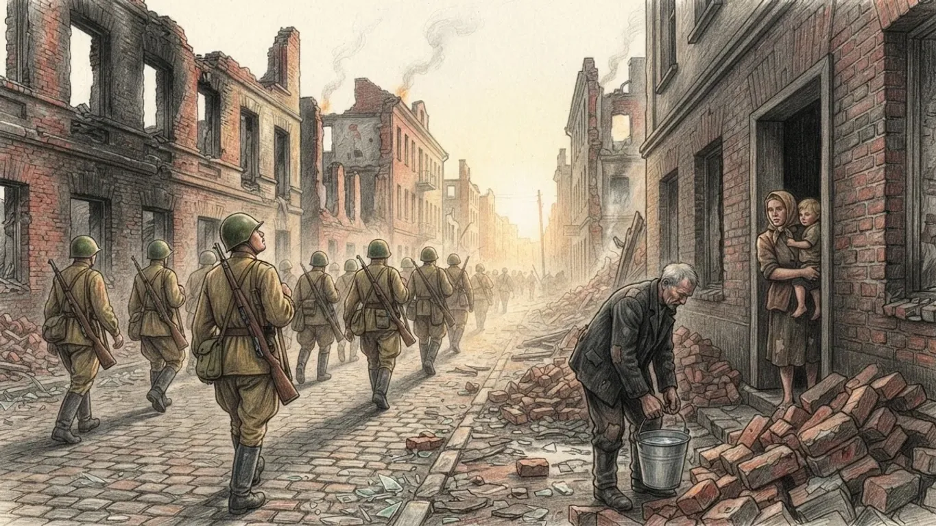 Soldiers in faded summer tunics and green steel helmets walk down a rubble-strewn cobbled street of burnt-out brick buildings, drawn in coloured pencil over graphite. One soldier in front turns his head to look up at the empty window frames while the column carries on into the dust. On the right an older man sets down a bucket of water beside a heap of bricks, and a woman in a headscarf holds a small child in a doorway. Thin smoke rises from the ruined roofline against a pale morning sky.
