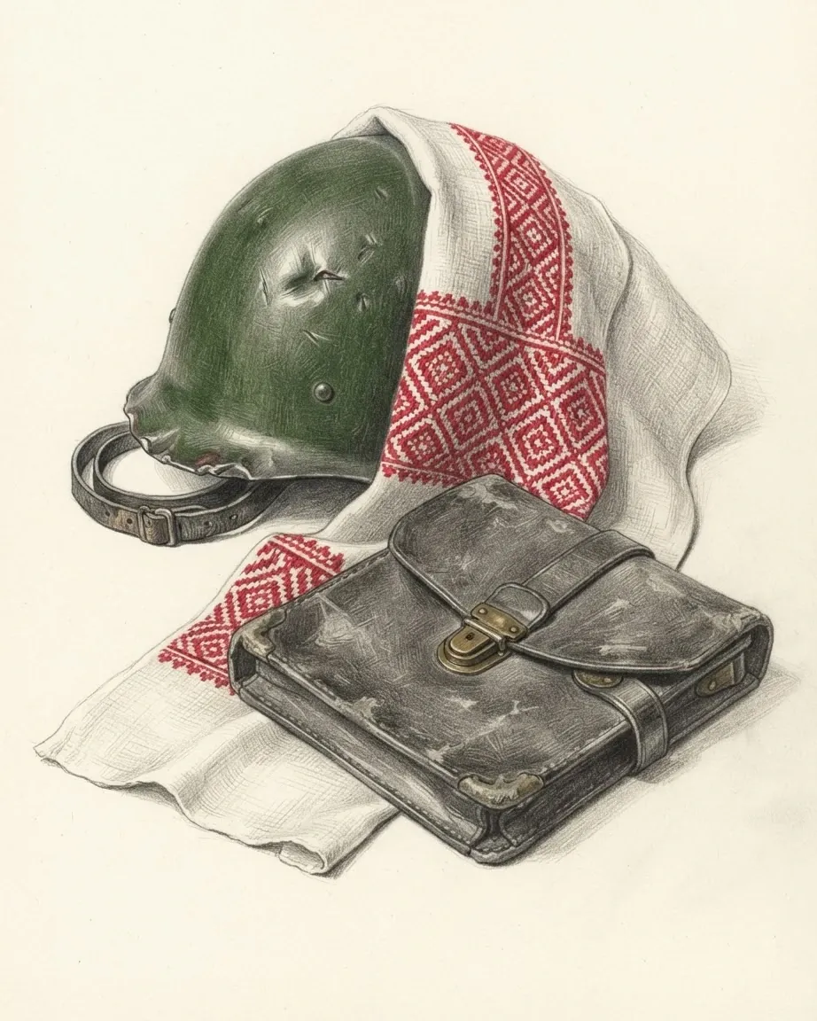 A dented green steel helmet with its chin strap lying on its side, a long white linen towel with bands of red lozenge embroidery draped over it, and a worn leather document case with a brass clasp resting on the towel, drawn in graphite with the helmet, the embroidery and the clasp in colour.