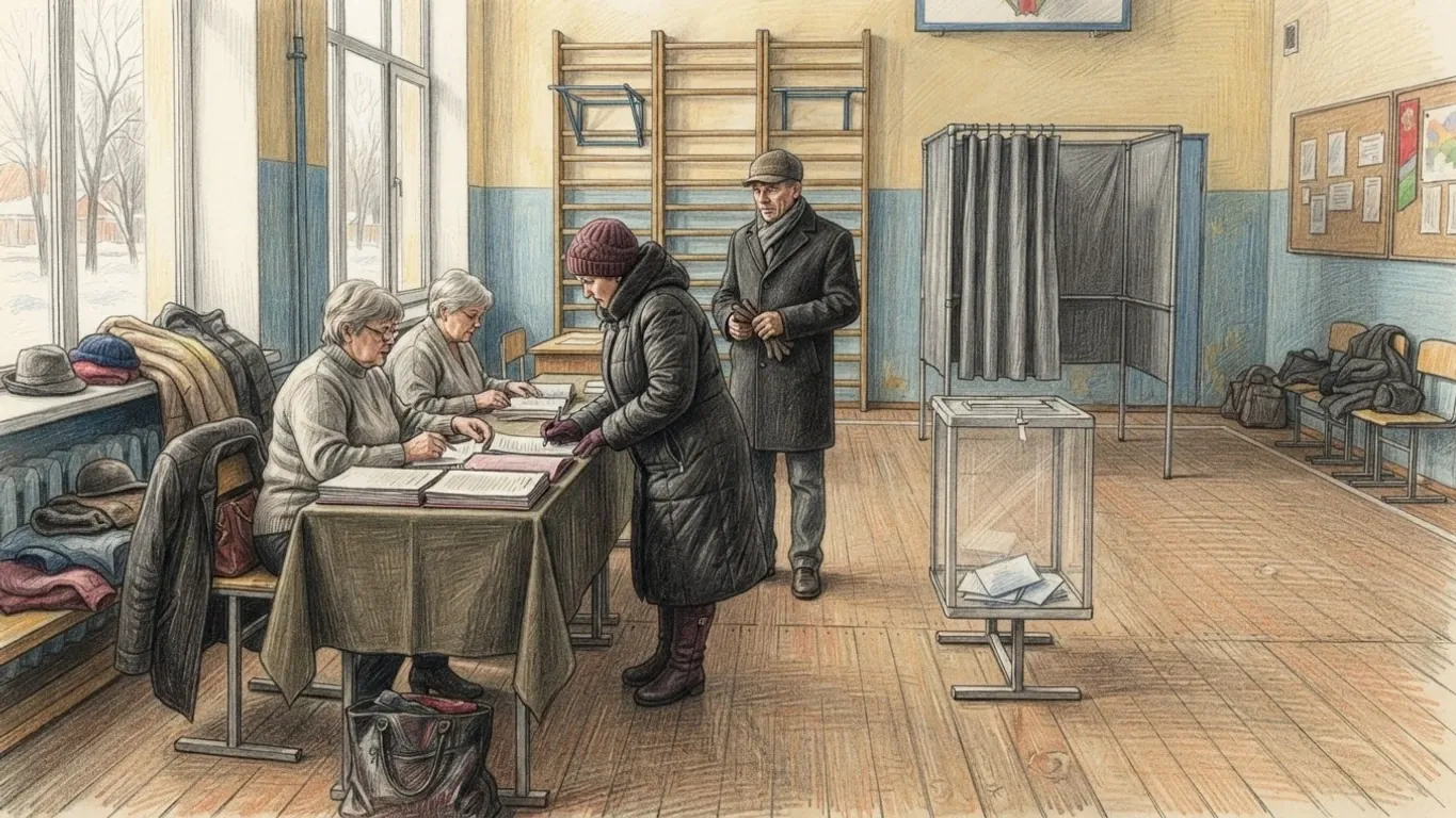 A polling station in a school sports hall in winter, drawn in coloured pencil over graphite, with snow and bare trees outside the tall windows. Two women sit at a long cloth-covered table checking bound registers while a woman in a padded coat and knitted hat bends to sign, and a man in a cap and scarf waits behind her. Behind them stand climbing bars on the wall, a curtained voting booth and a transparent ballot box on a stand, with coats and hats piled on the benches and windowsill.
