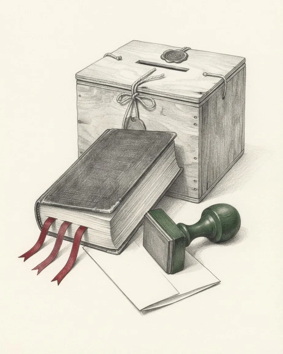 A plywood ballot box with a slot in its lid, tied shut with cord and a wax seal, a thick hardbound book in front of it with three red ribbon bookmarks trailing out, and a rubber stamp lying on a folded blank ballot paper, drawn in graphite with the ribbons in red and the stamp's handle in green.