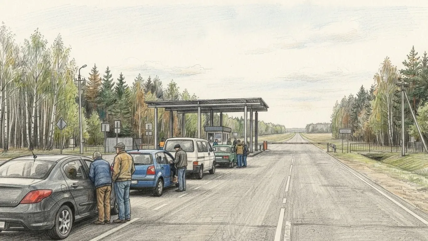 A short line of cars waits on a straight two-lane road at a border checkpoint, drawn in coloured pencil over graphite and seen from beside the nearest car. Drivers stand by their open doors, and in the middle distance a low canopy on steel columns spans the lanes with a small booth and a barrier beneath it. Birch and pine stand along both verges, and beyond the canopy the road runs on across flat ground to a level line of forest under a wide pale sky.