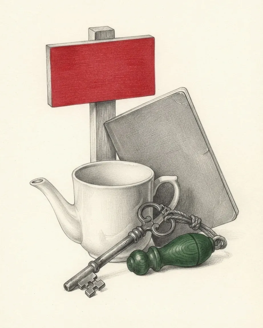 A blank signboard on a short square wooden post, a closed passport with a plain cover, a porcelain drinking cup with a long spout and an old iron key tied by a cord to a turned wooden fob, drawn in graphite with the signboard's face in red and the fob in green.
