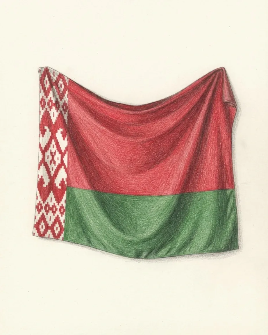 The flag of Belarus drawn as a hanging cloth in graphite and coloured pencil, its wide red band over a narrower green band falling in soft folds, with a white strip at the hoist carrying a red woven ornament of stacked lozenges.