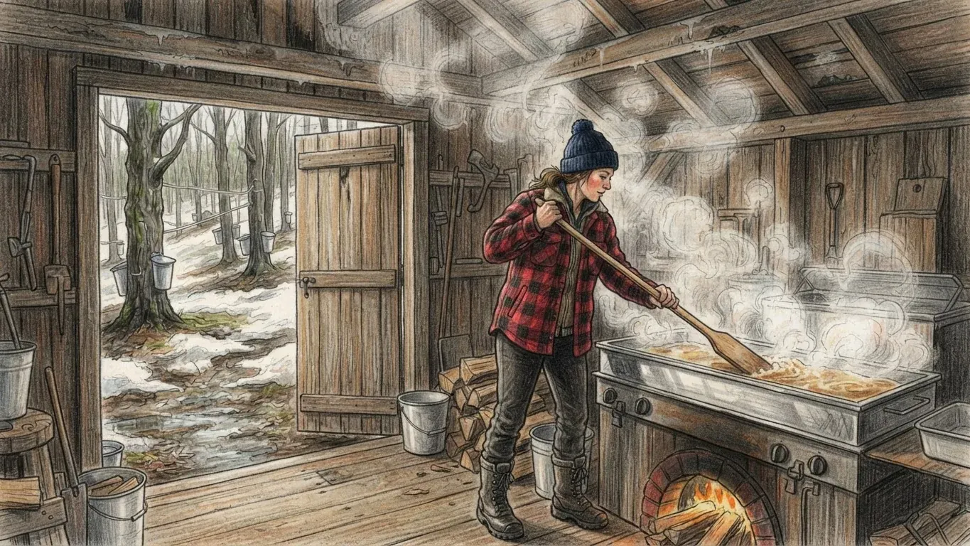 A coloured pencil drawing of a woman in a red-and-black checked jacket and a knitted tuque stirring boiling sap with a long wooden paddle in a steaming sugar shack, maple trees with sap buckets visible through the open door.
