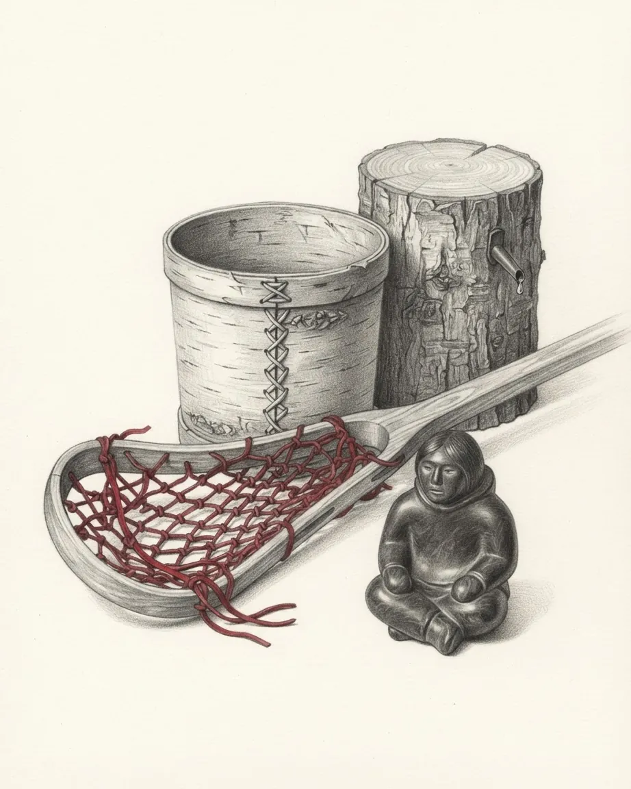 A graphite still life of a wooden lacrosse stick strung with red leather thongs, a stitched birch-bark bucket, a cut maple log with a sap spout and a small dark soapstone figure of a seated hunter.