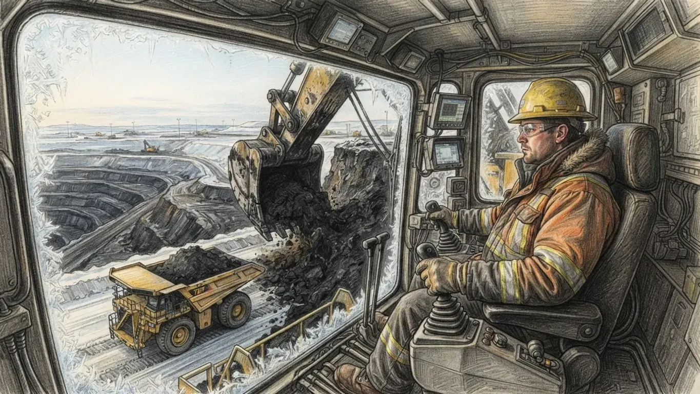 A coloured pencil drawing from inside the cab of a mining shovel: an operator in a hard hat and high-visibility parka works the joysticks as the dipper digs into black oil sand, with a haul truck waiting below and frost on the window.