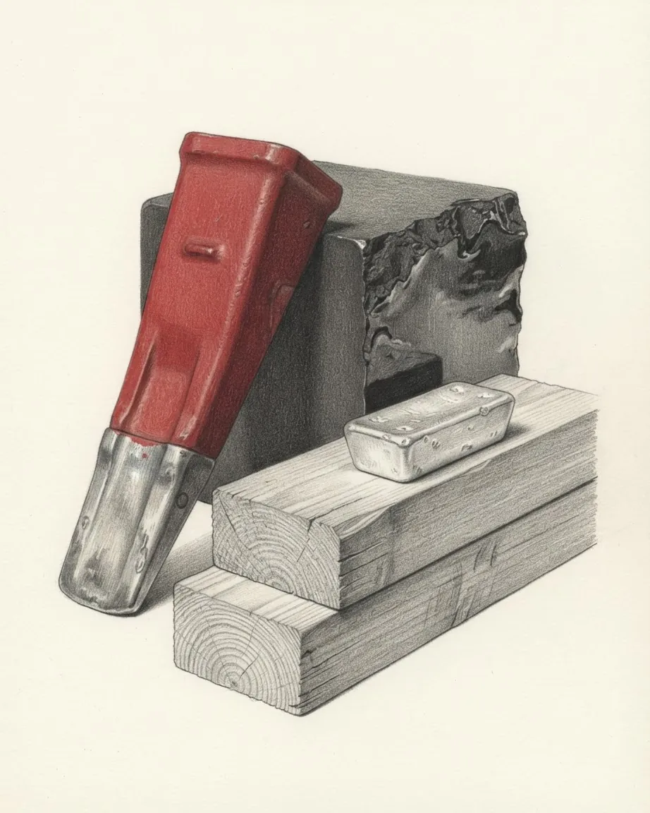 A graphite still life of a dark block of oil sand with a glistening broken face, a red excavator bucket tooth with a bare steel tip leaning against it, two lengths of sawn lumber and a small aluminium ingot on top.