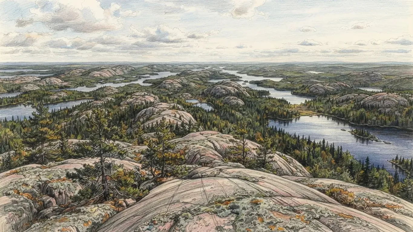 A coloured pencil panorama of the Canadian Shield from a bare granite ridge: pink-grey rock streaked with lichen and stunted pines in front, then low forested ridges and many lakes running to a flat horizon.