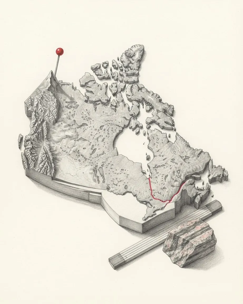 A graphite relief model of Canada with a red pin in its north-western peak and a thin red river line in the south-east, the Arctic islands scattered across the north, beside a folding rule and a piece of banded pink-grey granite.