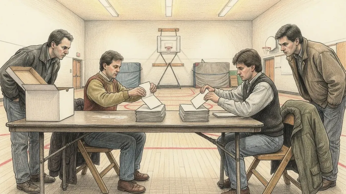 A coloured pencil drawing of a school gymnasium used as a polling station at night: two clerks at a folding table sort paper ballots into two equal piles while two scrutineers lean in to watch, an empty cardboard ballot box beside them.