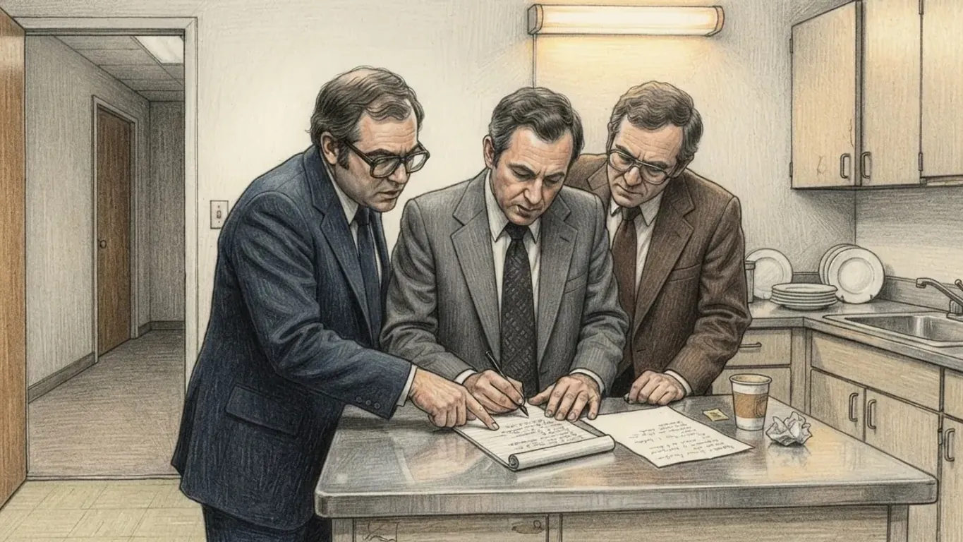 A coloured pencil drawing of three men in dark 1980s suits and heavy glasses leaning over a steel kitchen counter while one writes notes on a sheet of lined paper, with a sink, cupboards and a fluorescent light behind them.