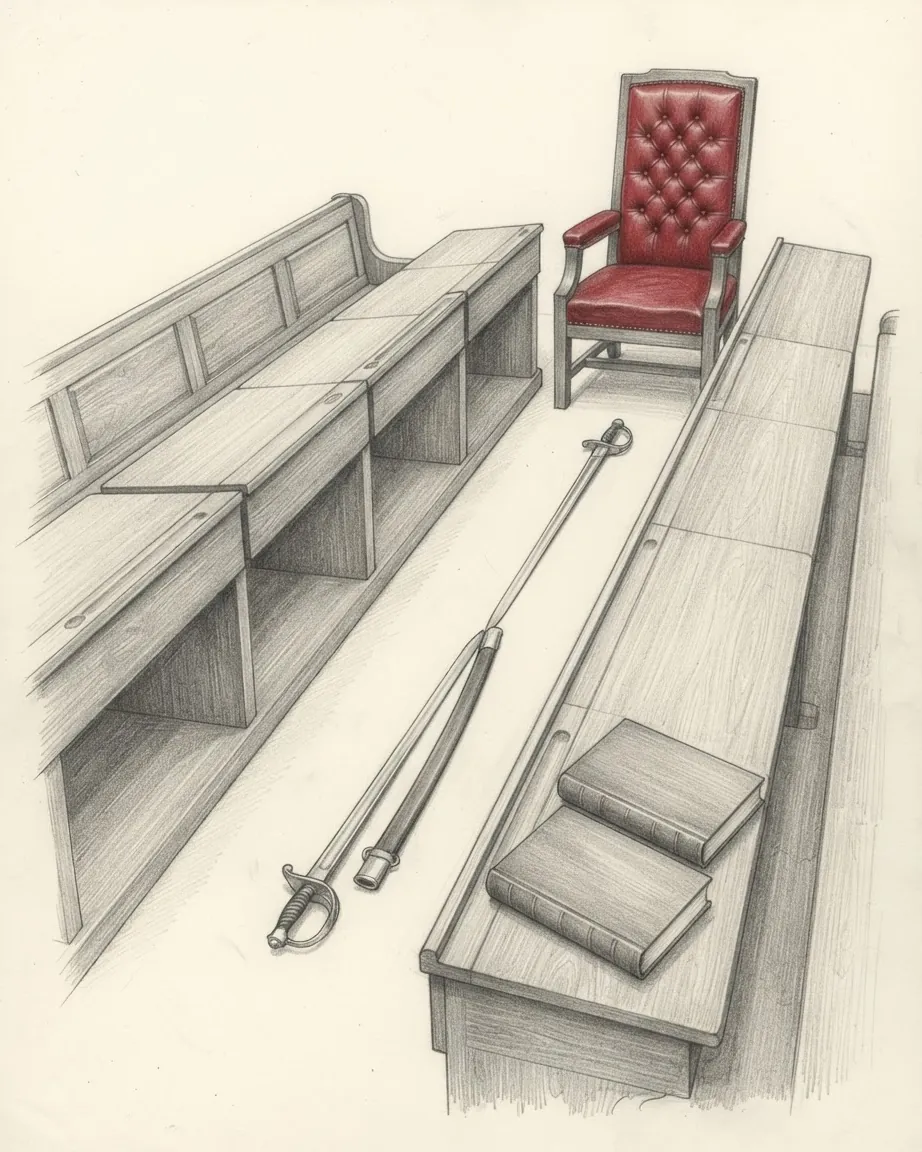 A graphite still life of two long rows of wooden desks facing each other across an aisle, two sabres laid end to end on the floor between them, a red leather high-backed armchair at the far end, and two identical bound volumes side by side on a desk.