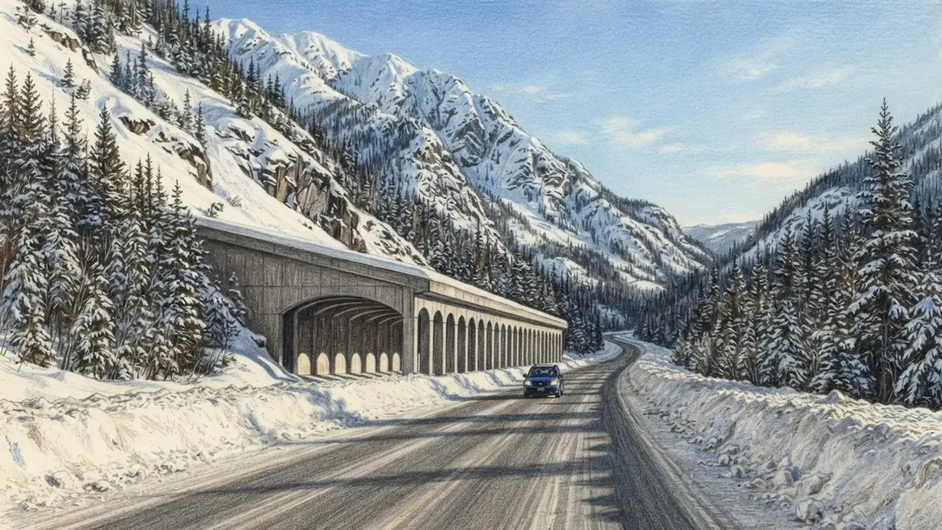 A coloured pencil drawing of the Trans-Canada Highway at Rogers Pass in winter: a cleared two-lane road between snowbanks runs past a long arched concrete snowshed under steep snowy mountains, one car driving towards it.
