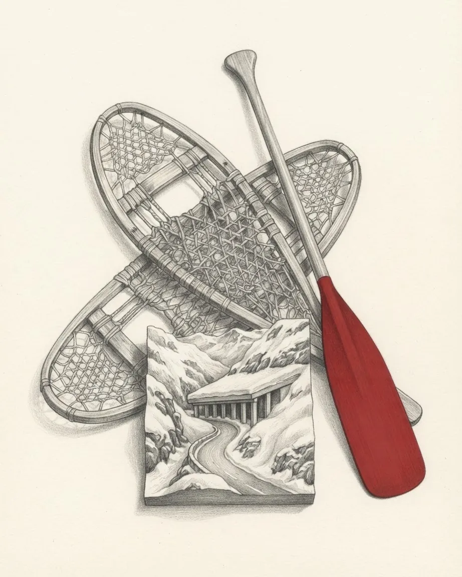 A graphite still life of a pair of crossed wooden snowshoes laced with rawhide, a canoe paddle with a red blade, and a small relief model of a snowy mountain pass with a road running under a concrete snowshed.