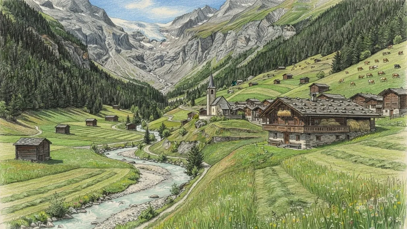 A coloured pencil drawing of an Alpine valley in Switzerland: dark wooden chalets and a white church by a river, hay meadows and scattered huts on the slopes below a glacier.