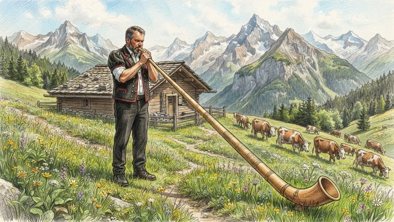 A coloured pencil drawing of an alphorn player on an alpine pasture, the long wooden horn resting in the grass, a hut and grazing cows behind him and peaks beyond.