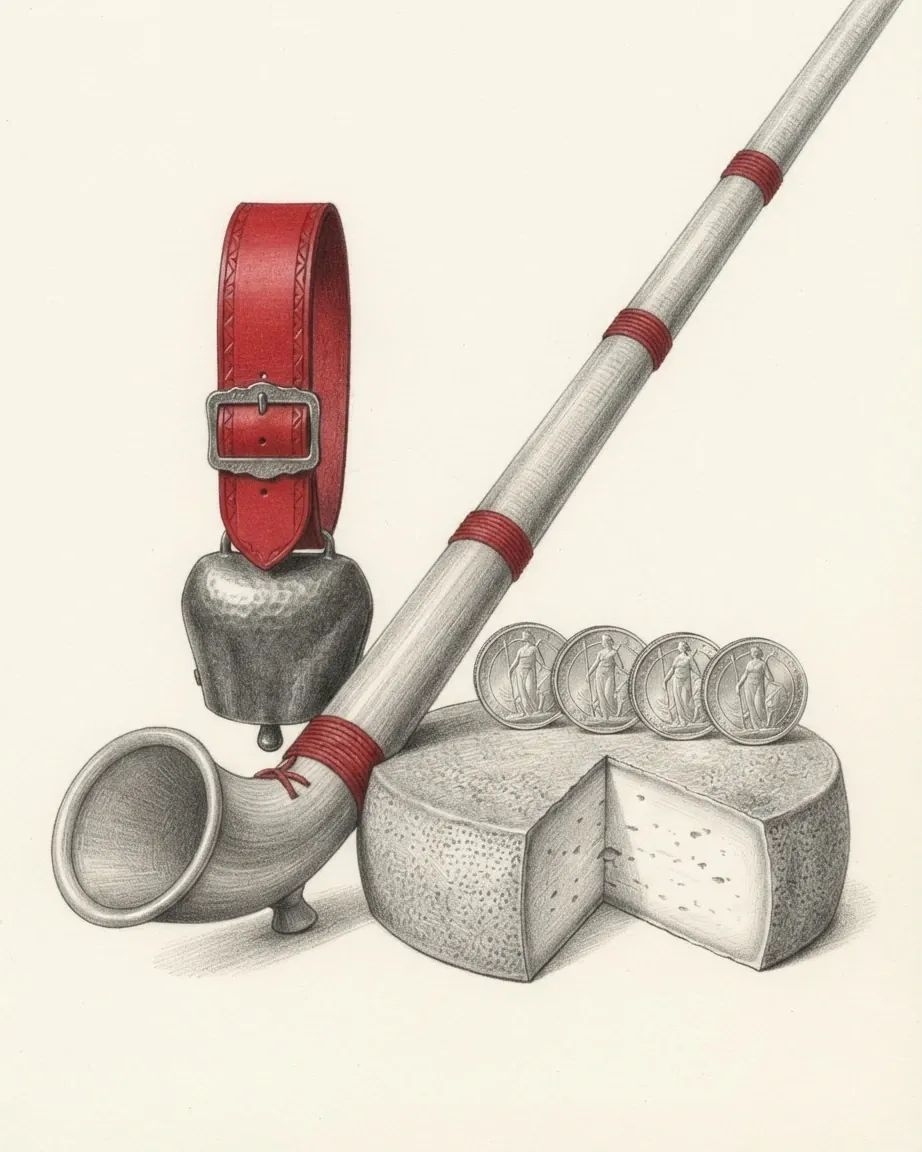 A graphite still life: an alphorn bound with red bands, a cowbell on a red leather strap, a round cheese with a wedge cut and a row of coins.