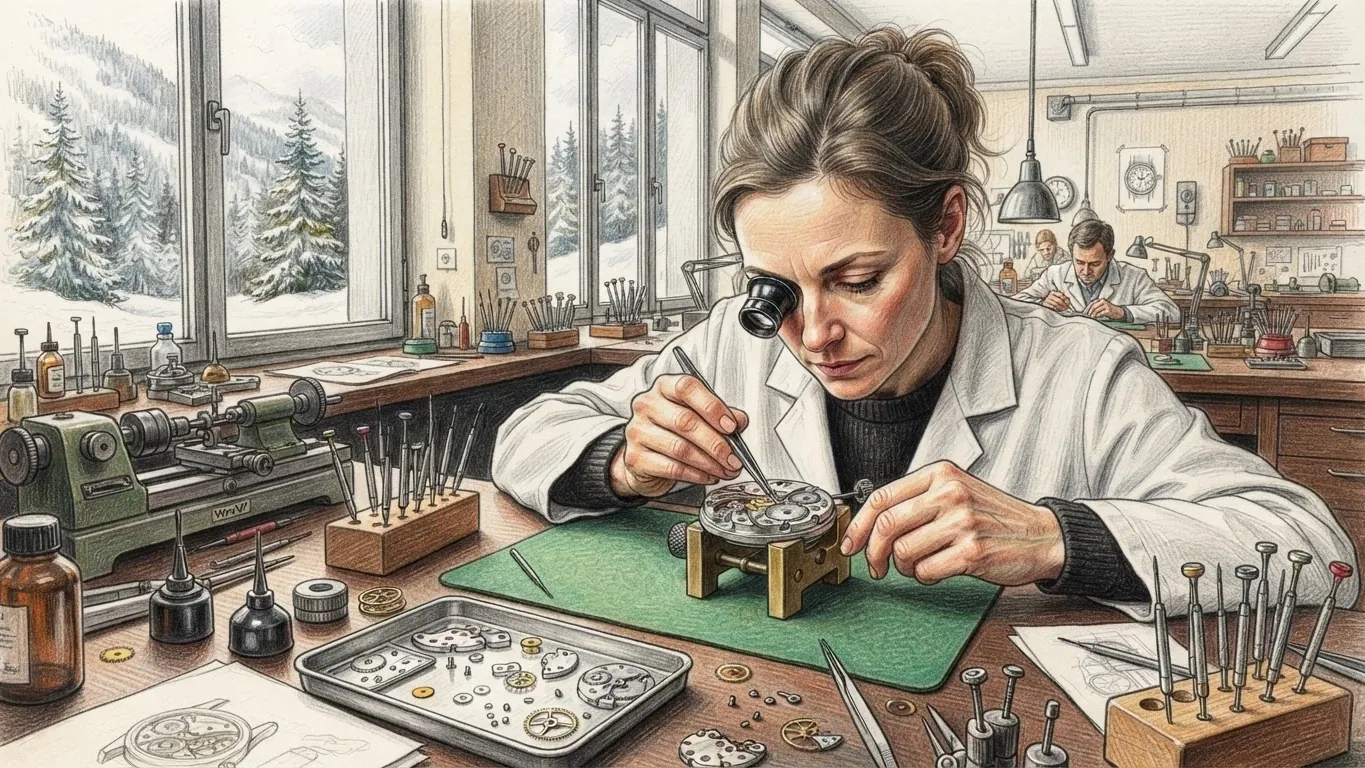 A coloured pencil drawing of a watchmaker in a white coat with a loupe in one eye, working on an open movement at a bench by windows onto snowy pines.