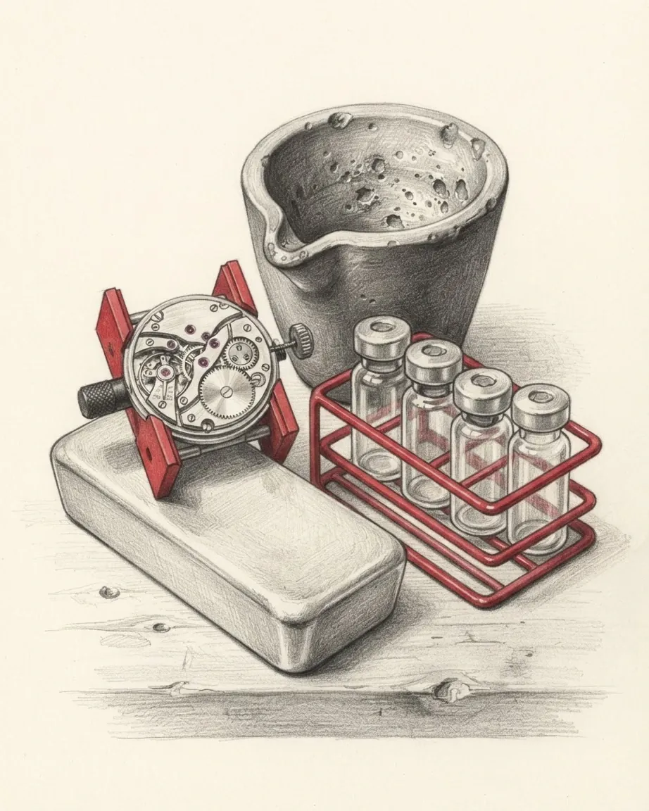 A graphite still life: a plain bullion bar, an open watch movement clamped in a red holder, a red wire rack of four glass vials and a pitted clay crucible.