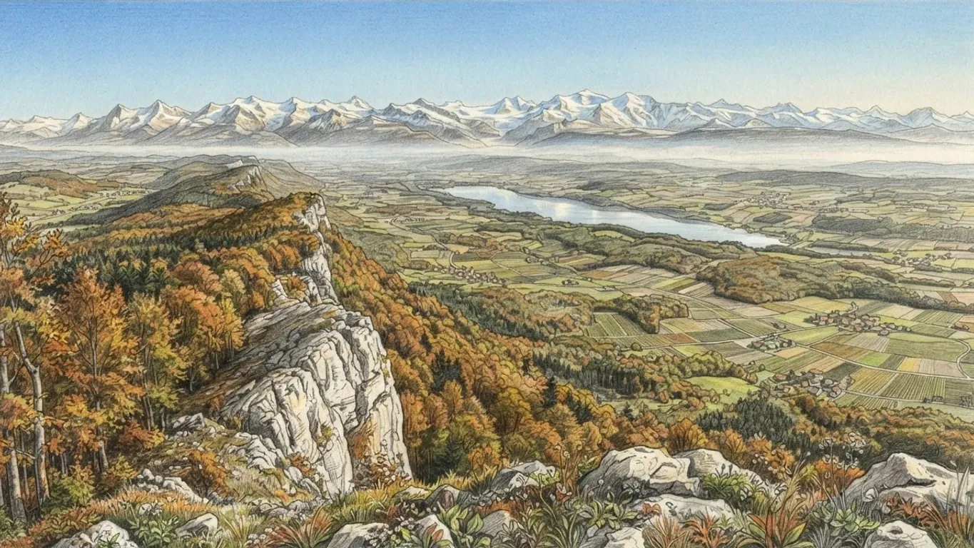 A coloured pencil drawing from a limestone crest of the Jura in autumn, across the patchwork fields and a long lake of the Plateau to the snow-covered Alps on the horizon.
