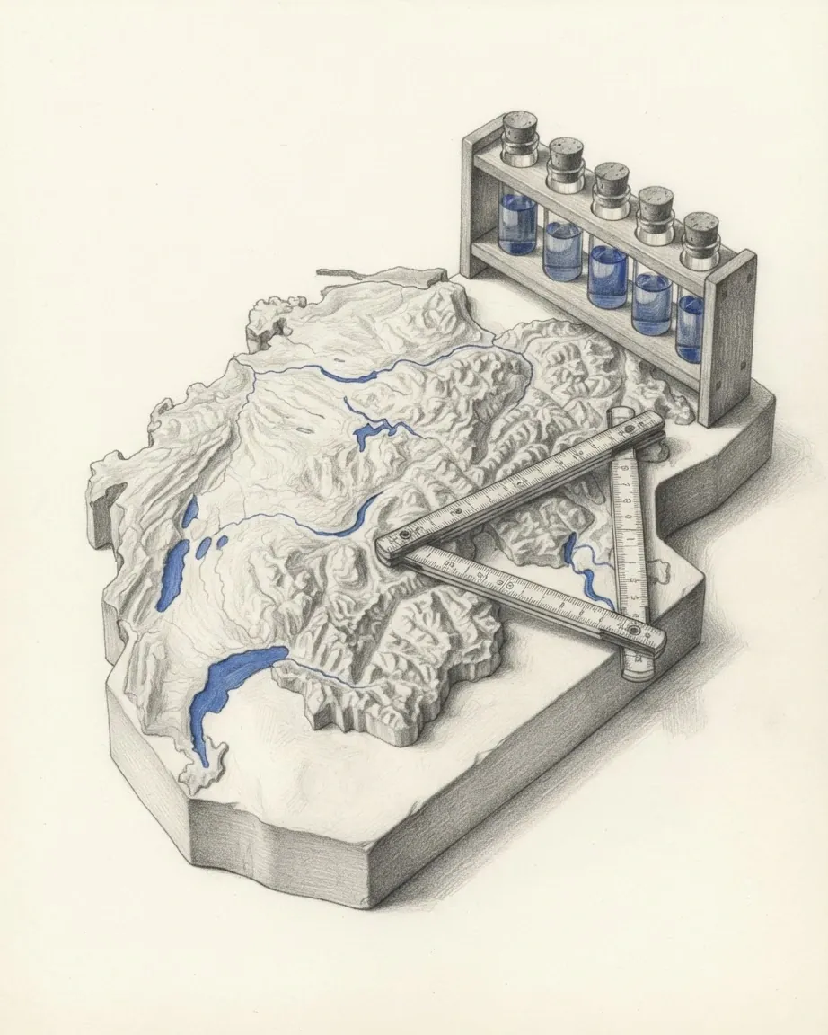 A graphite relief model of Switzerland with its lakes and rivers in blue, a folding rule laid across the Alps and a rack of glass bottles of water behind.