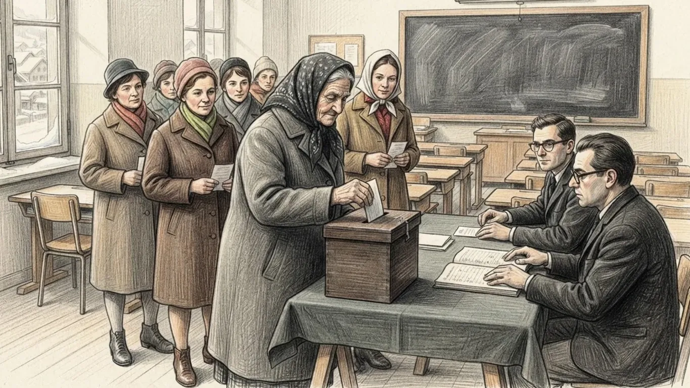 A coloured pencil drawing of women in winter coats queuing in a village schoolroom to vote, one dropping her ballot into a wooden box before two officials at a table.