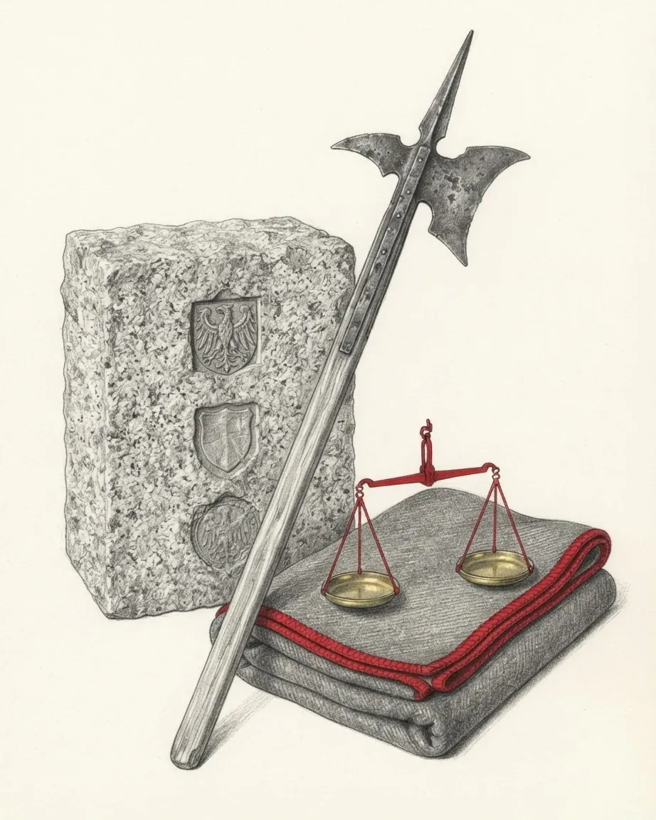 A graphite still life: a halberd leaning on a granite block carved with three shields, a folded grey blanket edged in red and a small brass balance.