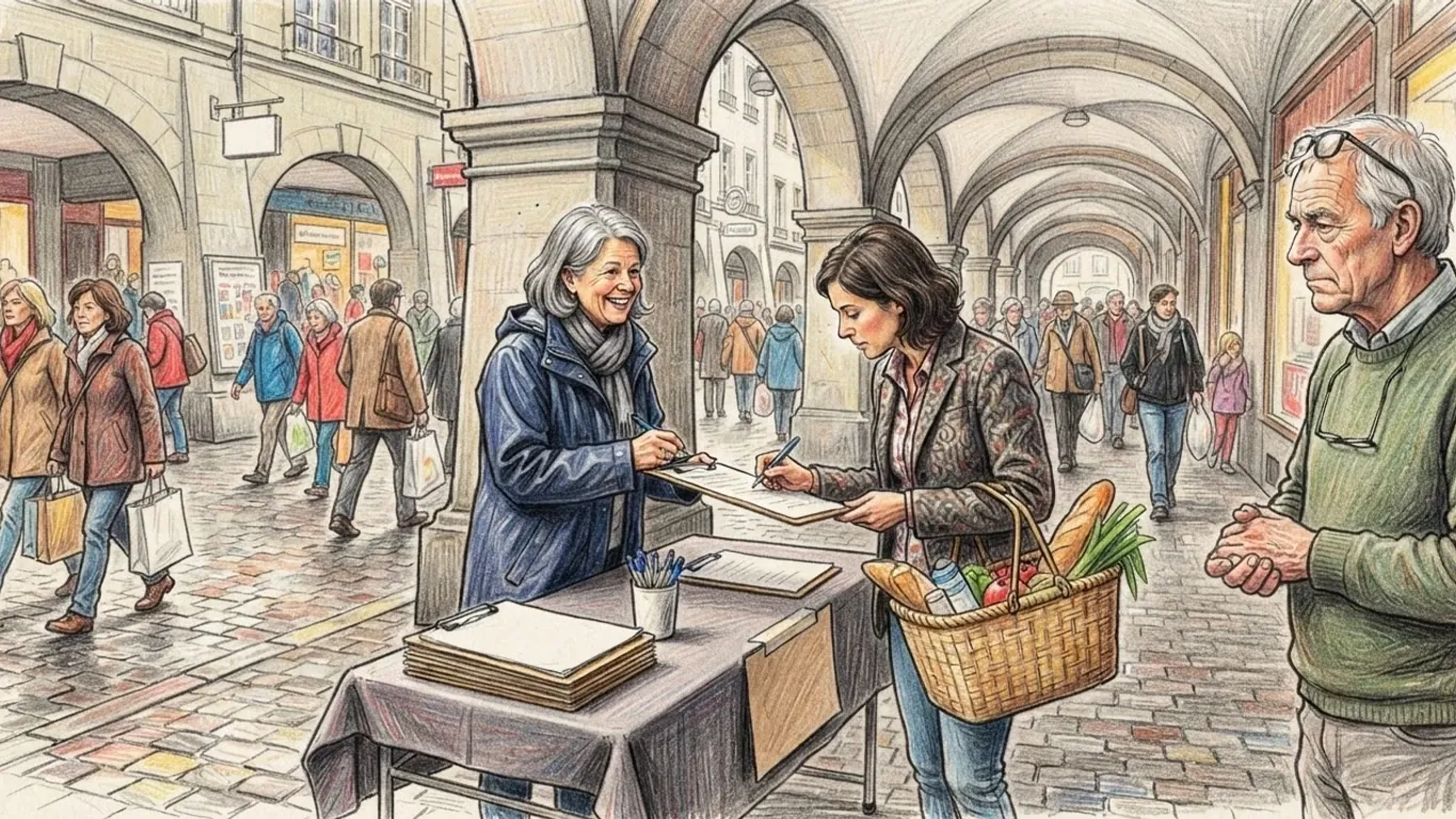 A coloured pencil drawing of a signature stall under stone arcades in a Swiss old town: a volunteer holds out a clipboard while a woman with a shopping basket signs.