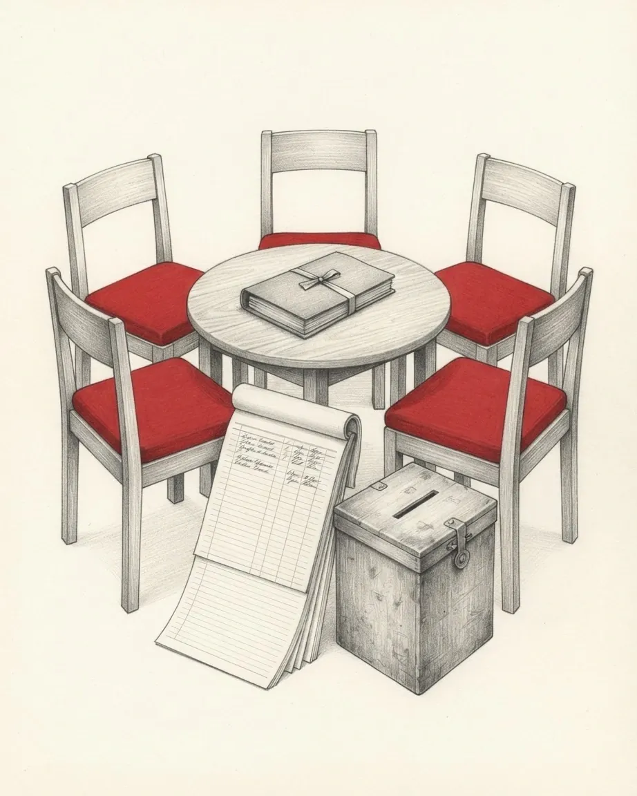 A graphite drawing of a round table with a bound book, circled by five chairs with red seats, a wooden ballot box and a list of signatures on a pad.