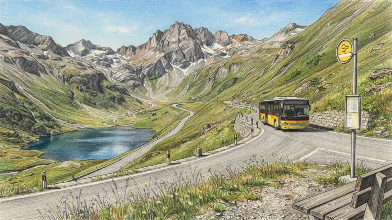 A coloured pencil drawing of a yellow postbus climbing a hairpin pass road above a mountain lake, a roadside stop and bench in the foreground.