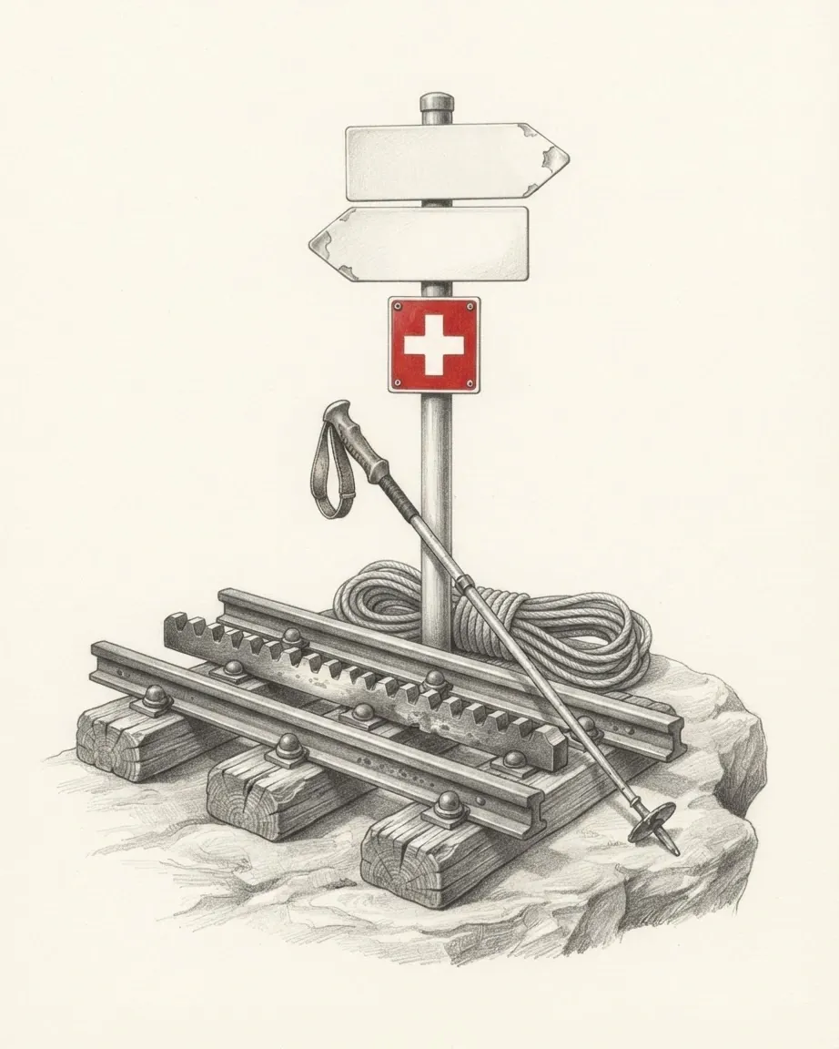 A graphite drawing of a signpost with blank arrows and a red panel with a white cross, standing over a length of rack railway track with a coiled rope and a walking pole.
