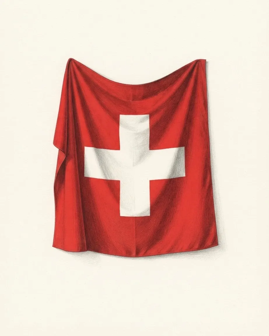 The flag of Switzerland drawn as a hanging cloth in graphite and coloured pencil, a white cross on red.