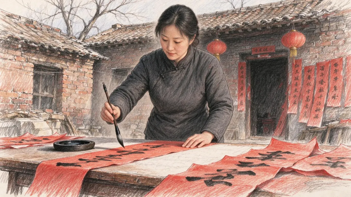 A woman in a dark padded jacket writes calligraphy on long strips of red paper at a table in a brick courtyard hung with red lanterns.