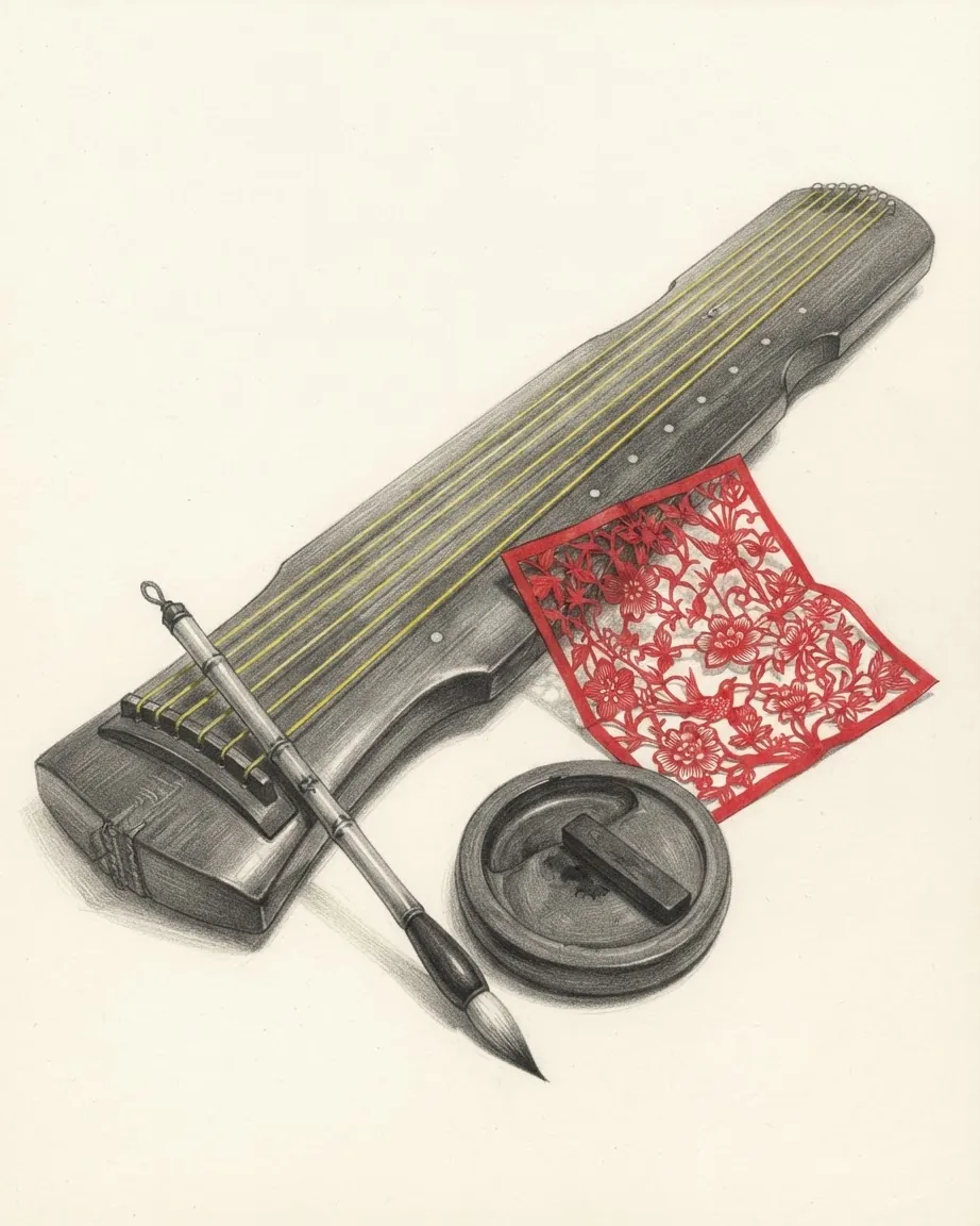A graphite still life: a long zither laid diagonally, a calligraphy brush across it, an inkstone and a red paper-cut of flowers.