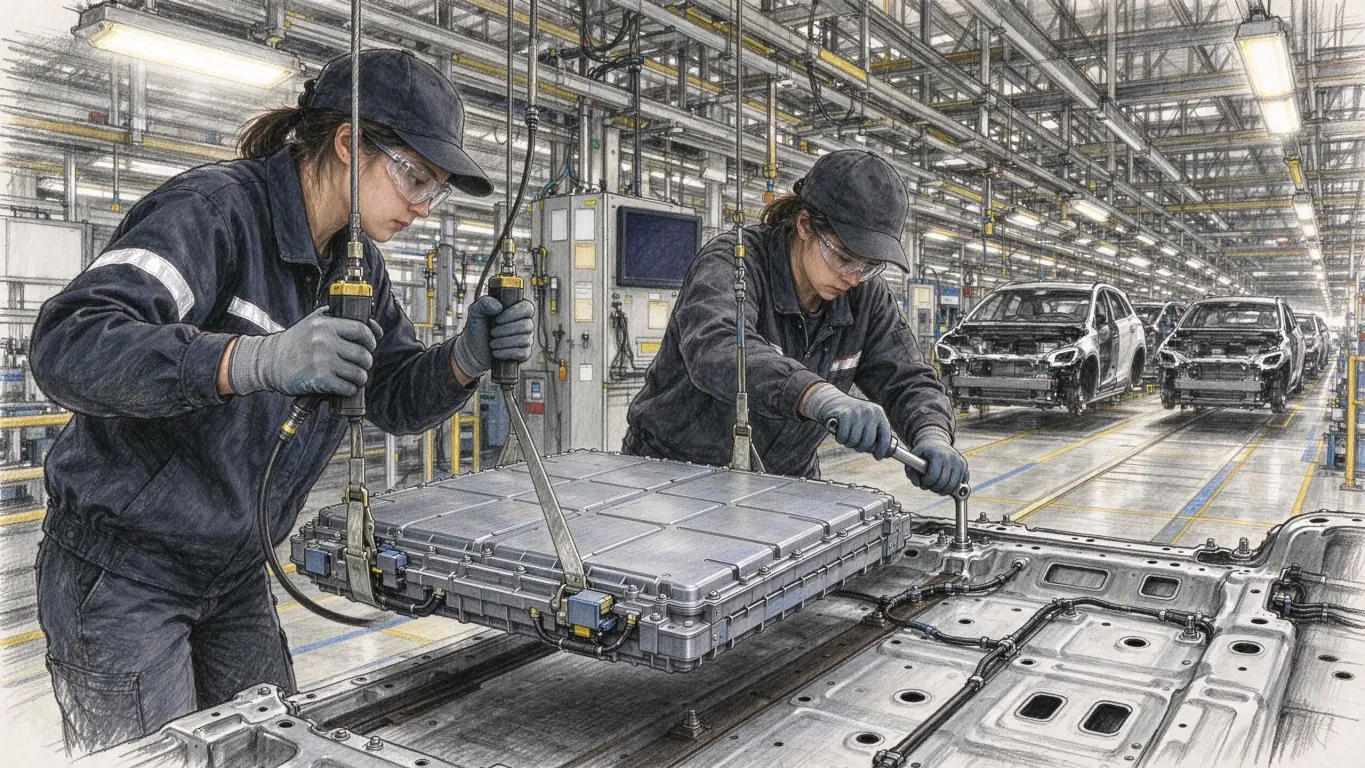 Two workers in caps and gloves fit a battery pack onto a car chassis on a factory line, finished cars further down the hall.