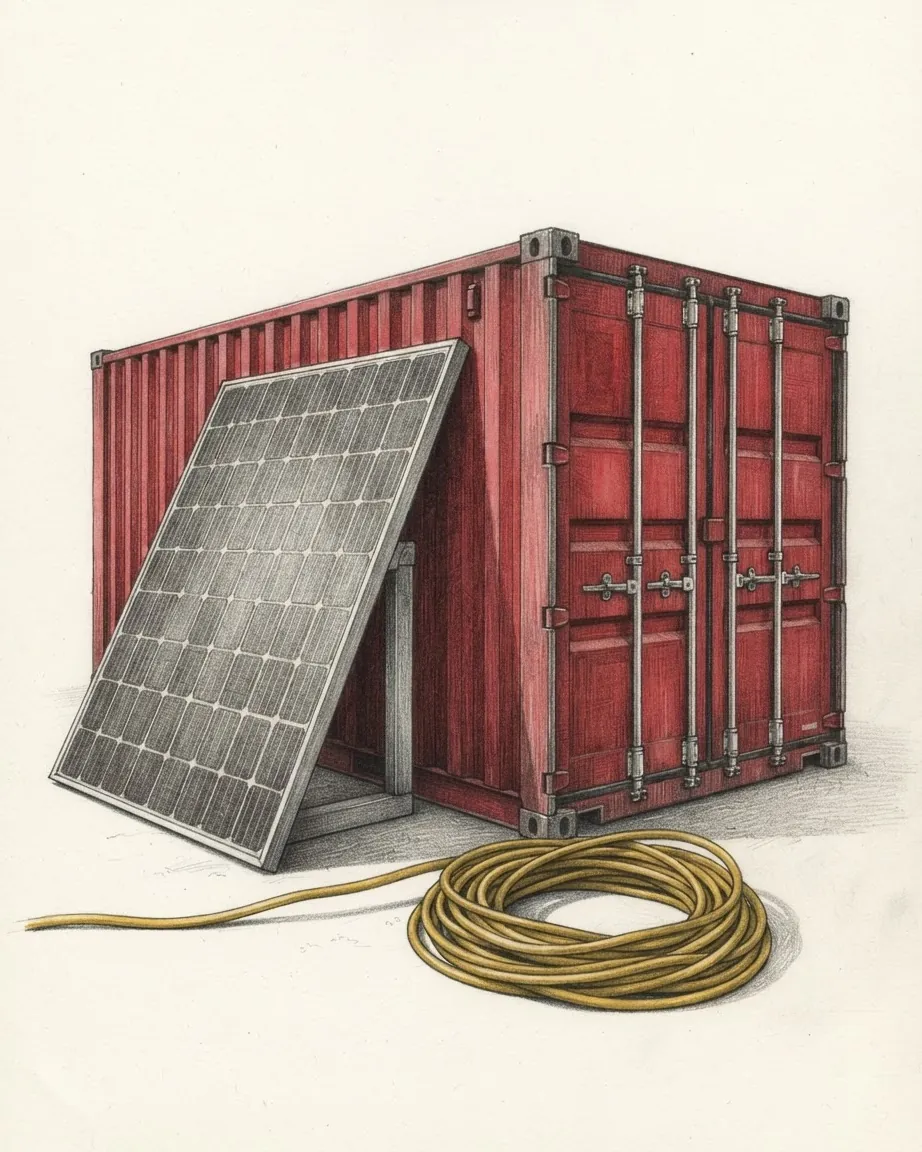 A red shipping container drawn in coloured pencil, a solar panel leaning against its side and a coil of gold cable on the ground.
